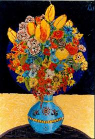 Grand bouquet au vase bleu Ptes de verre et maux de Briare